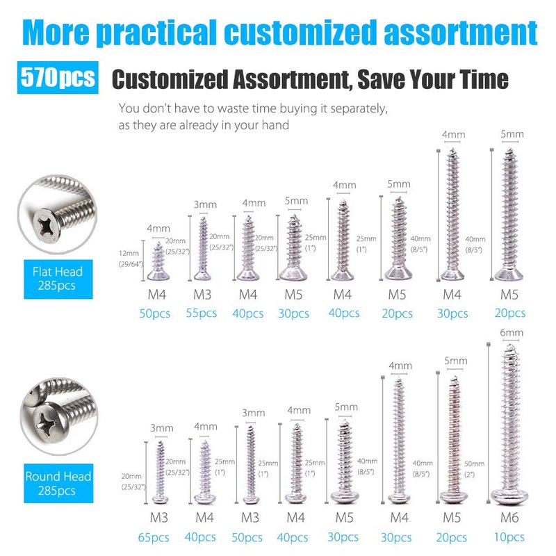CASAON 570Pcs Self Tapping Screws Assortment Set  M3/M4/M5/M6 304 Stainless Steel Sheet Metal Screws Kit  Phillips Drive Wood Screw Assortment 570pcs (285pcs Round Head and 285pcs Flat Head) - Image 2